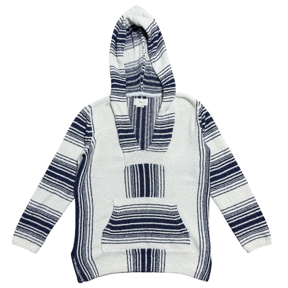 Tna Hoodie Womens XS Blue White Striped Knit Kangaroo‎ Pocket Pullover Baja